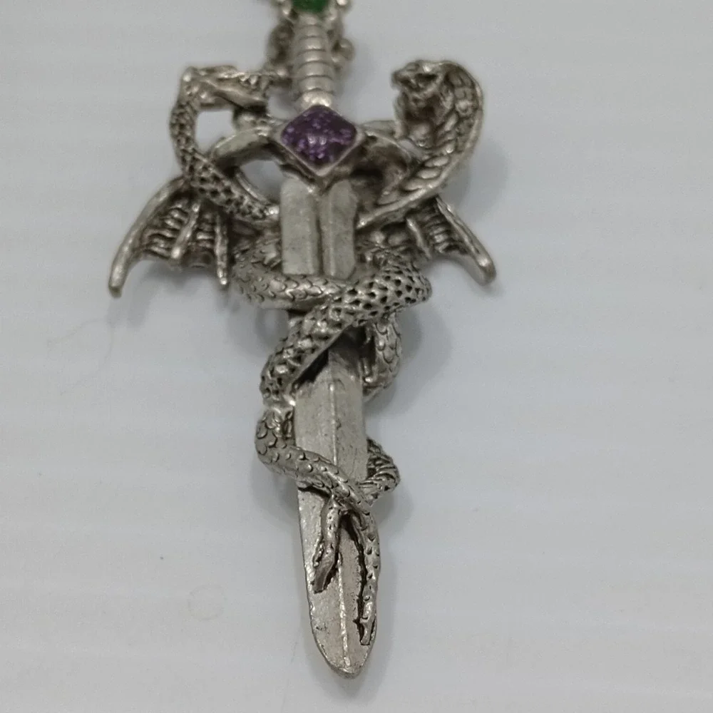 CCI Dragon Sword Pendant Necklace Gothic Fantasy Silver Tone 2 1/2 Inch